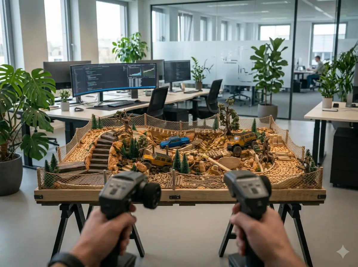 Team building u uredu - kolege navijaju za vozača